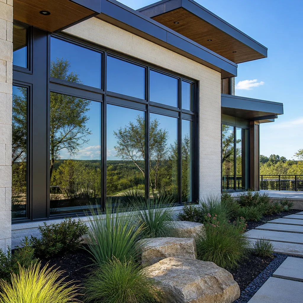 Modern home exterior with large energy-efficient windows and sleek black frames.