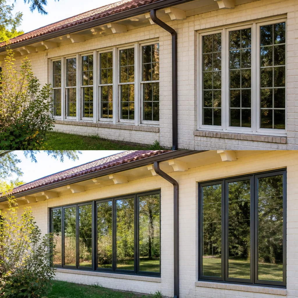 Residential window replacement showing before and after comparison of modern window styles