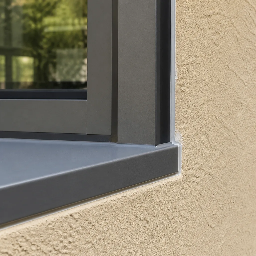 Professional window frame installation showing precise silicone sealing on textured wall