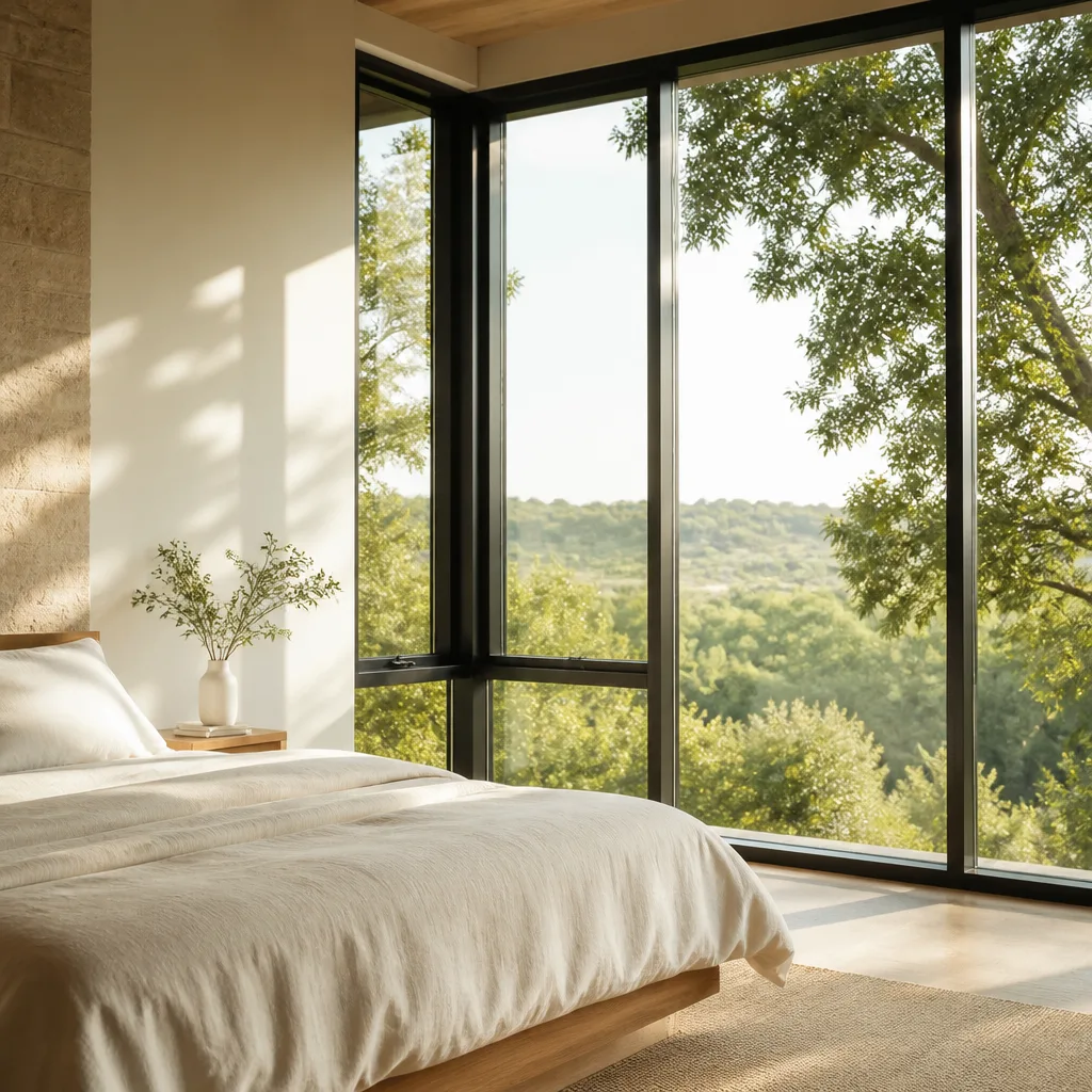 Modern bedroom featuring minimalist black-framed windows with a forest view